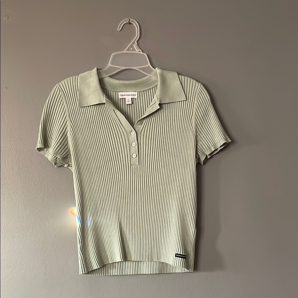 Calvin Klein Jeans Green Ribbed Polo Button Down Shirt